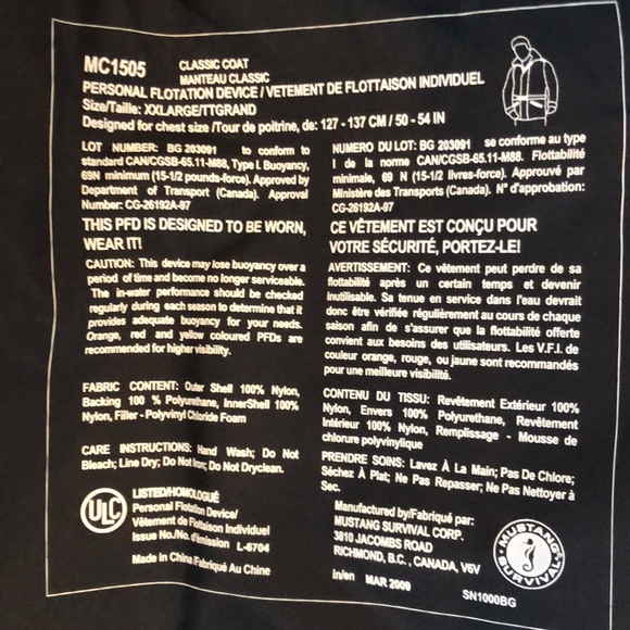Mustang Survival Classic Flotation Coat 1505 - Brand New without Tags - Picture 6 of 7